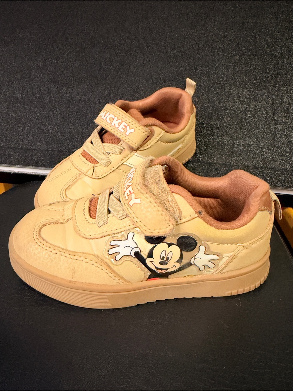 Disney Mickey Mouse Toddler Sneakers Tan Brown Hook & Loop Size 9